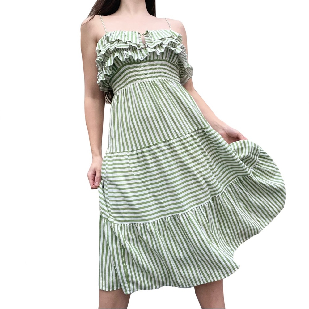 Zara Coastal Stripe Ruffle Resort Beachy Linen Midi Summer Dress Medium